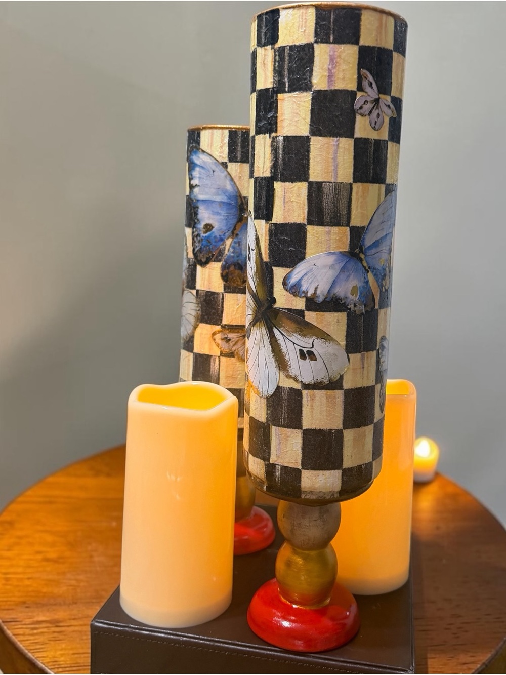 Checkerboard Butterfly Candle Holders with Colorful Bases☑️